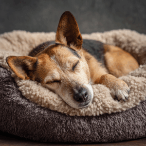 Alter Hund schläft in seinem Hundebett