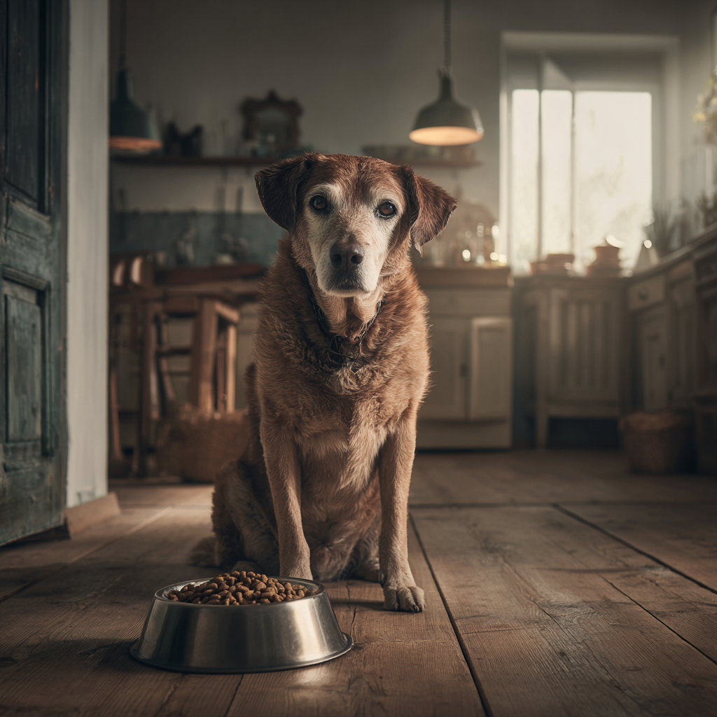 an_older_dog_sitting alter hund vor schüssel